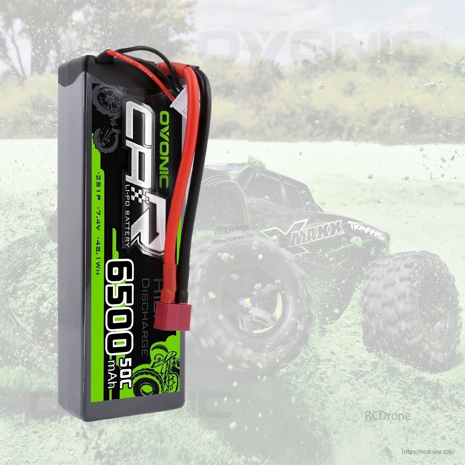 OVONIC 2S 6500mAh hardcase LiPo battery shown with off-road RC truck background use-case