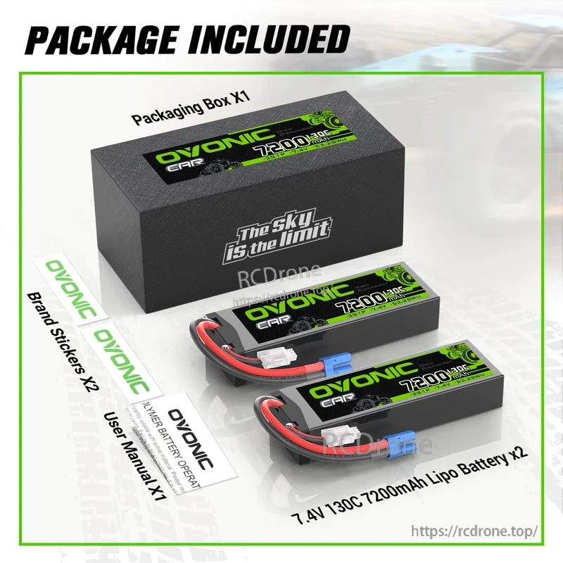 Package contents: OVONIC hardcase LiPo battery x2, packaging box, brand stickers x2, user manual