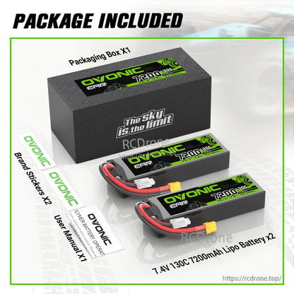 Package contents: OVONIC 2S 7200mAh 7.4V 130C hardcase LiPo batteries x2, box, stickers and user manual