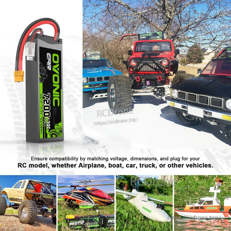 Hardcase RC LiPo battery shown upright with XT60 connector, plus RC car, boat, plane and helicopter use examples