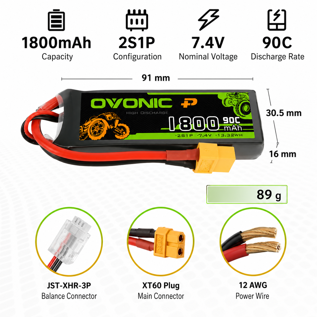 OVONIC 2S 1800mAh LiPo battery dimensions, JST-XHR-3P balance connector, XT60 plug and 12 AWG wire