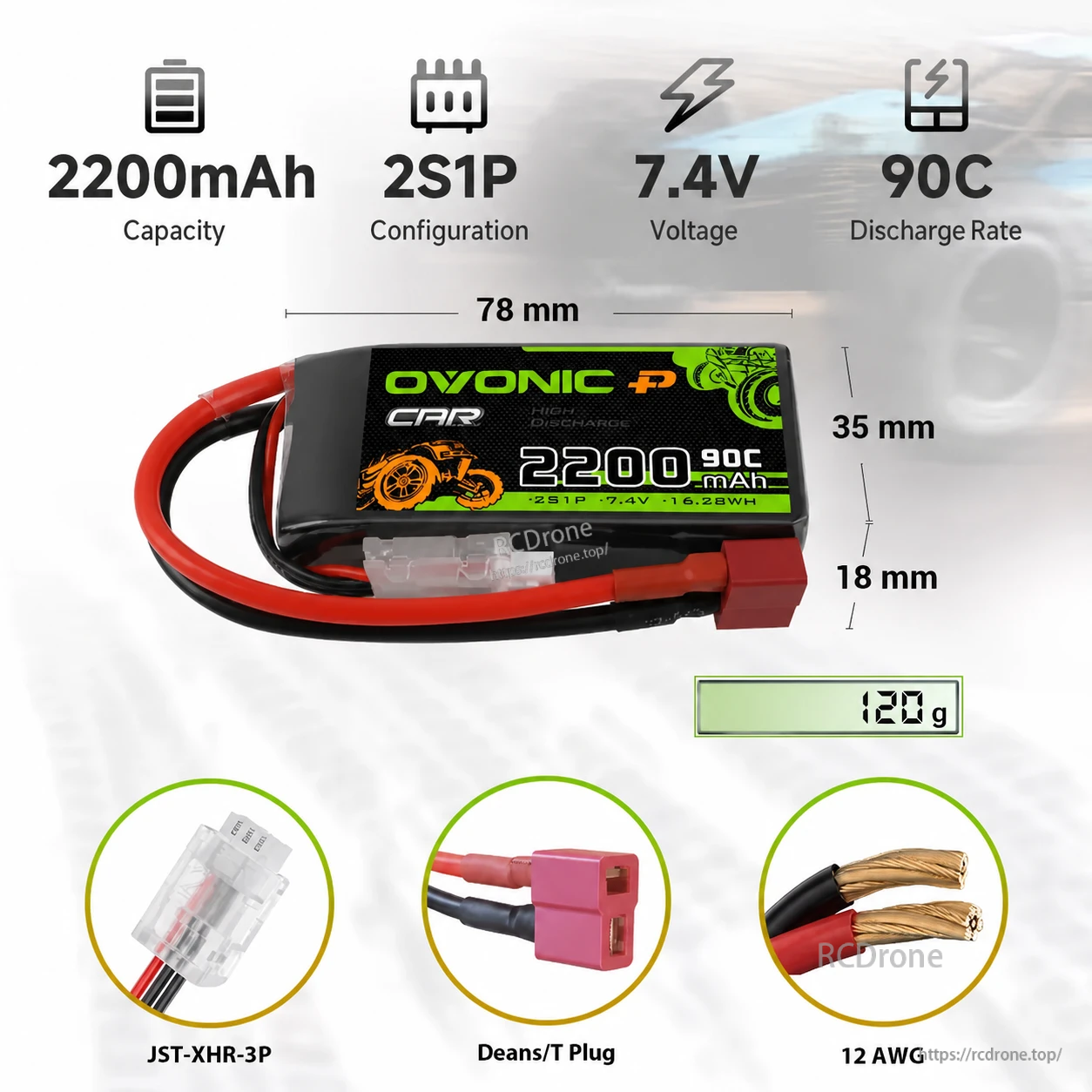 OVONIC 2S 7.4V 2200mAh 90C LiPo Battery for RC Cars detail image 5 OVONIC 2S 7.4V 2200mAh 90C LiPo Battery for RC Cars detail image 5