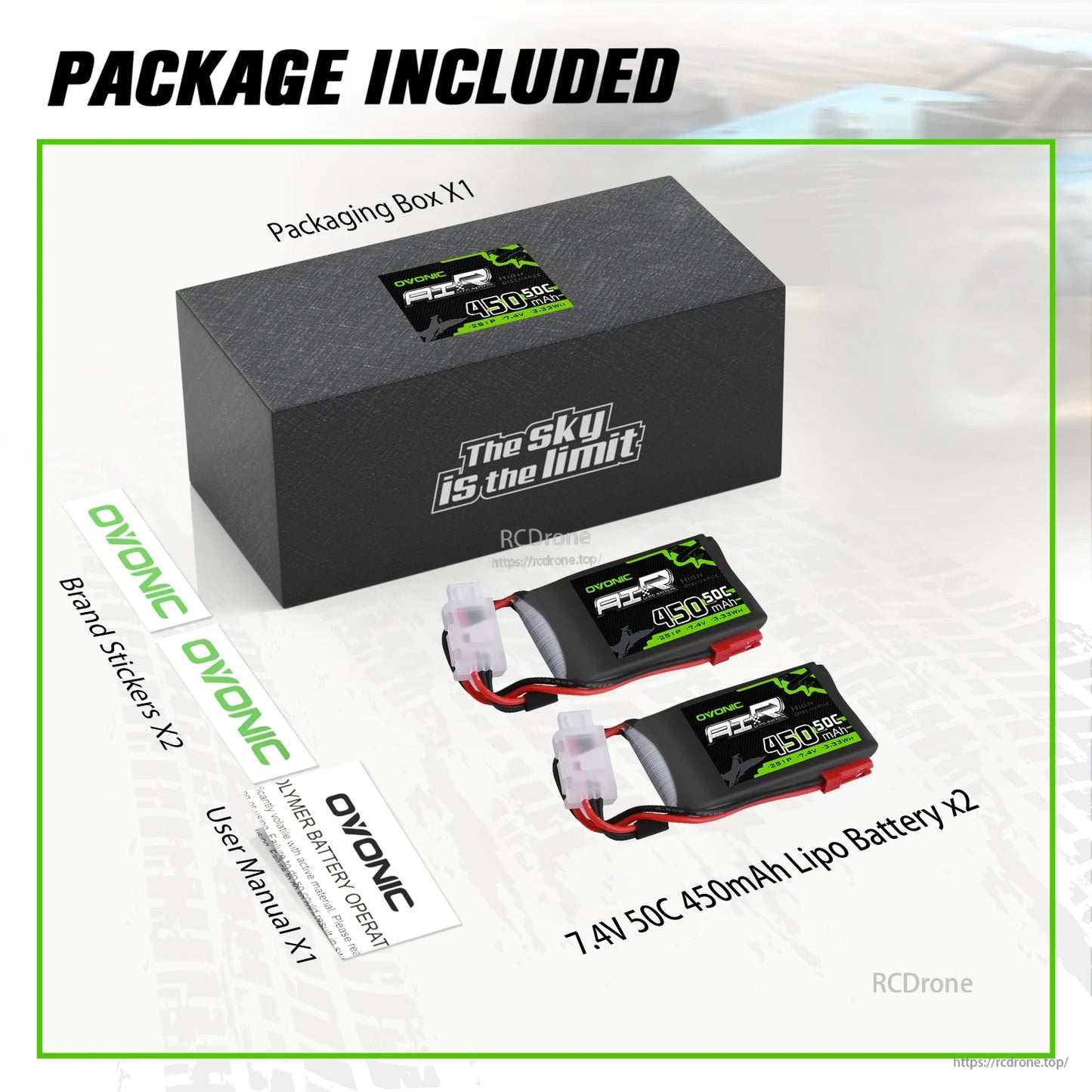 Package contents: OVONIC 2S 7.4V 450mAh 50C LiPo battery x2, packaging box, brand stickers, user manual