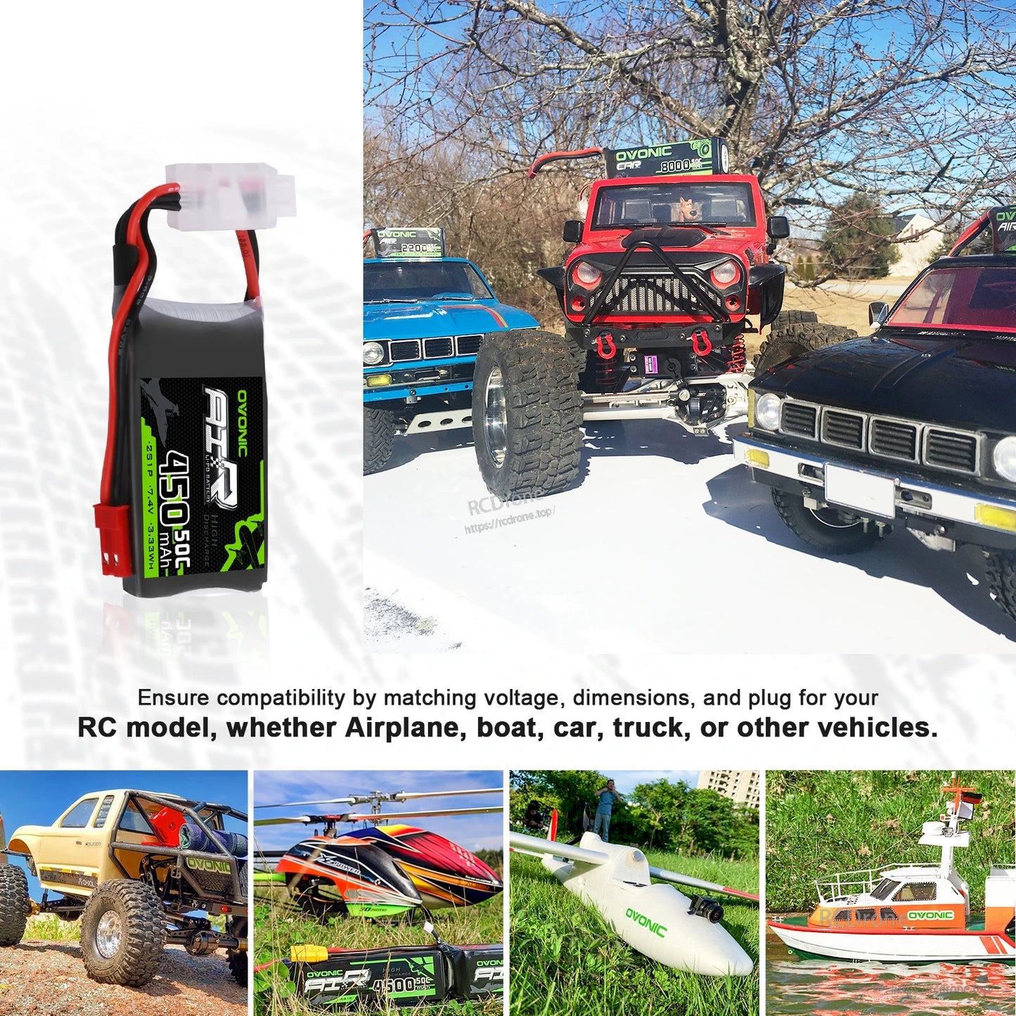 RC model application collage showing LiPo battery used with RC truck, helicopter, airplane, and boat examples