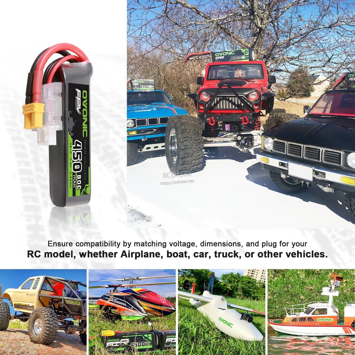 LiPo battery shown with RC use case collage for airplane, boat, car, truck and other RC vehicles