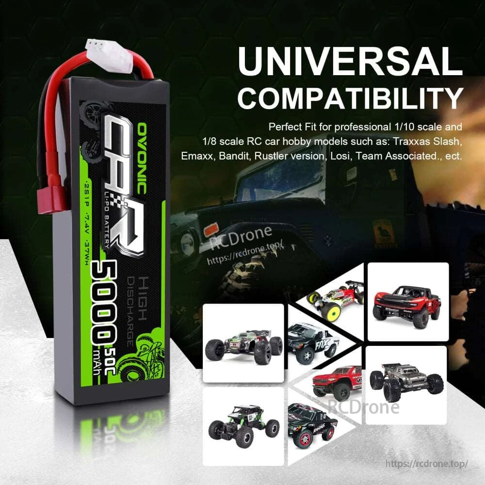 Universal compatibility graphic showing OVONIC 5000mAh 2S LiPo for various RC car and truck models