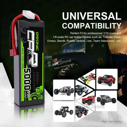 Universal compatibility graphic showing OVONIC 5000mAh 2S LiPo for various RC car and truck models