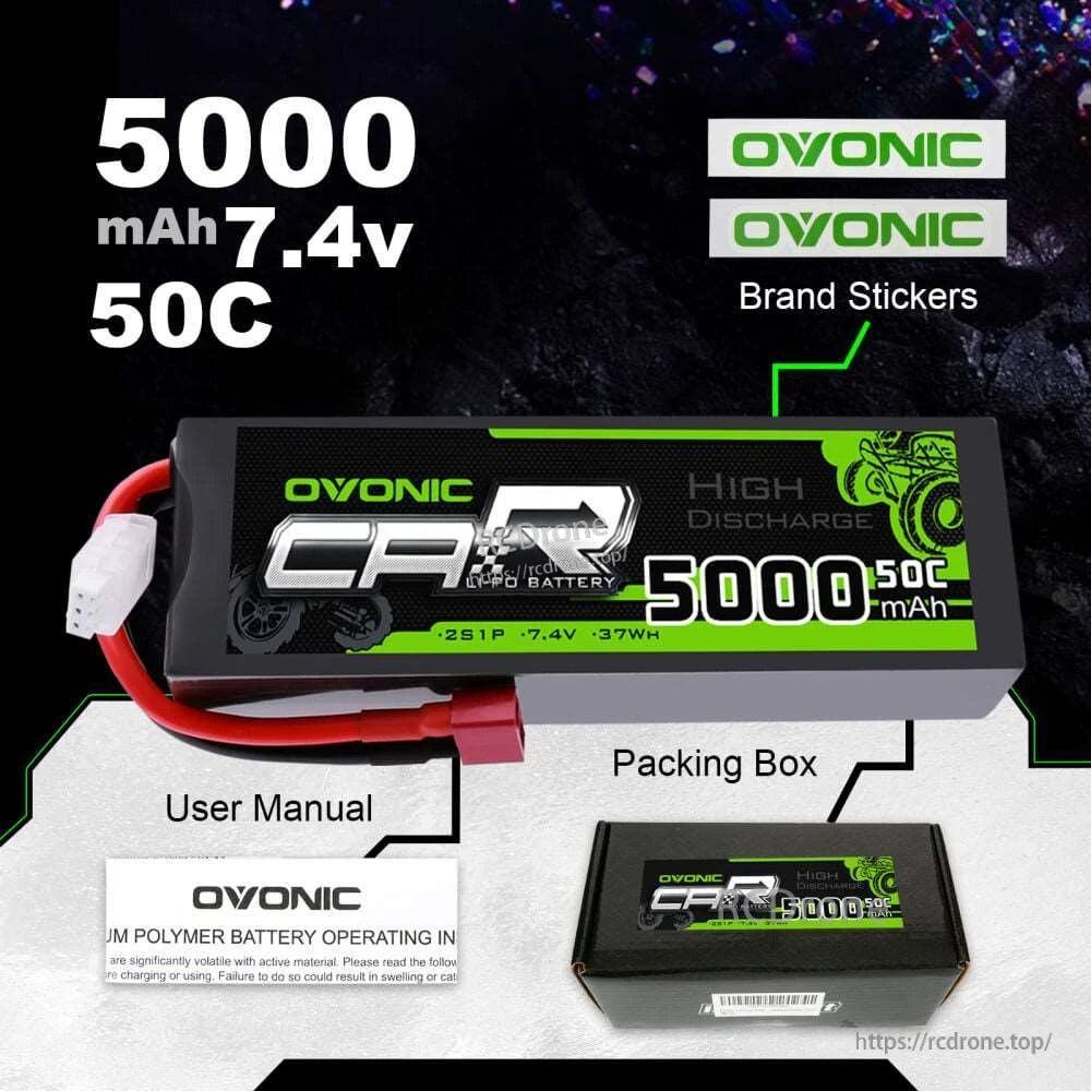 Package contents: OVONIC 5000mAh 7.4V 50C LiPo battery, user manual, packing box, and brand stickers