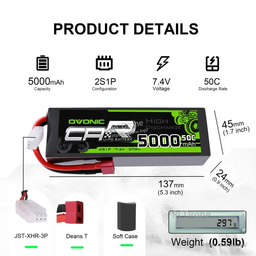 OVONIC 2S 7.4V 5000mAh 50C LiPo product details with dimensions, weight, Deans T plug and JST-XHR-3P lead