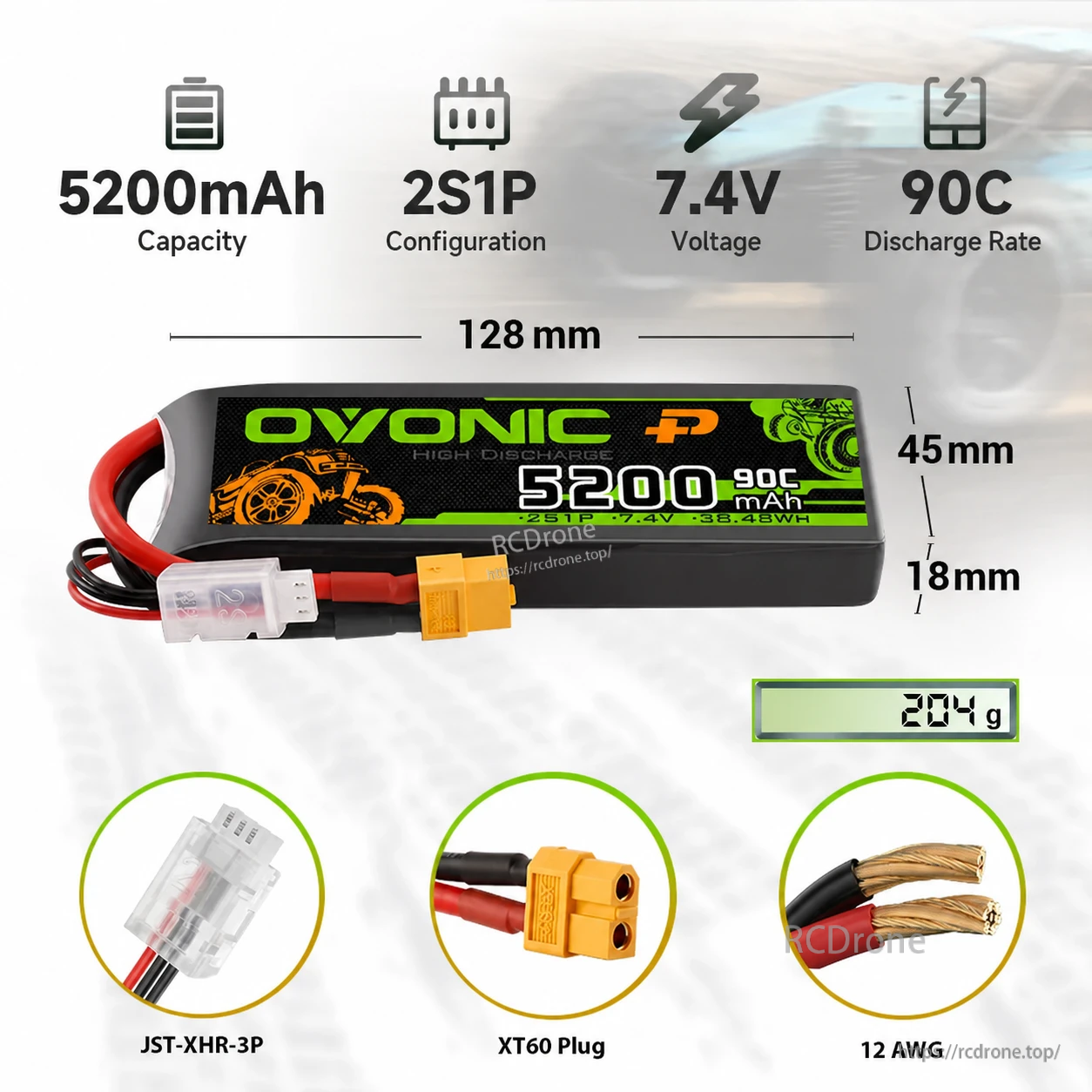 OVONIC 2S 7.4V 5200mAh 90C LiPo Battery for RC Cars detail image 5