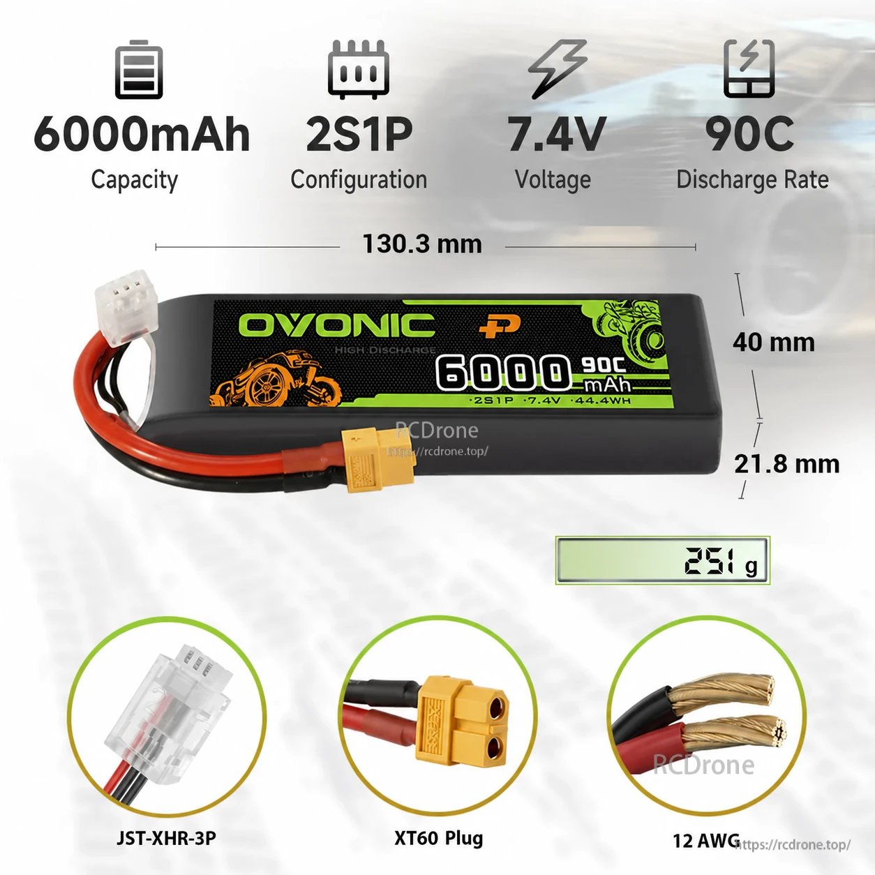 OVONIC 2S 7.4V 6000mAh 90C LiPo Battery for RC Cars detail image 5 OVONIC 2S 7.4V 6000mAh 90C LiPo Battery for RC Cars detail image 5