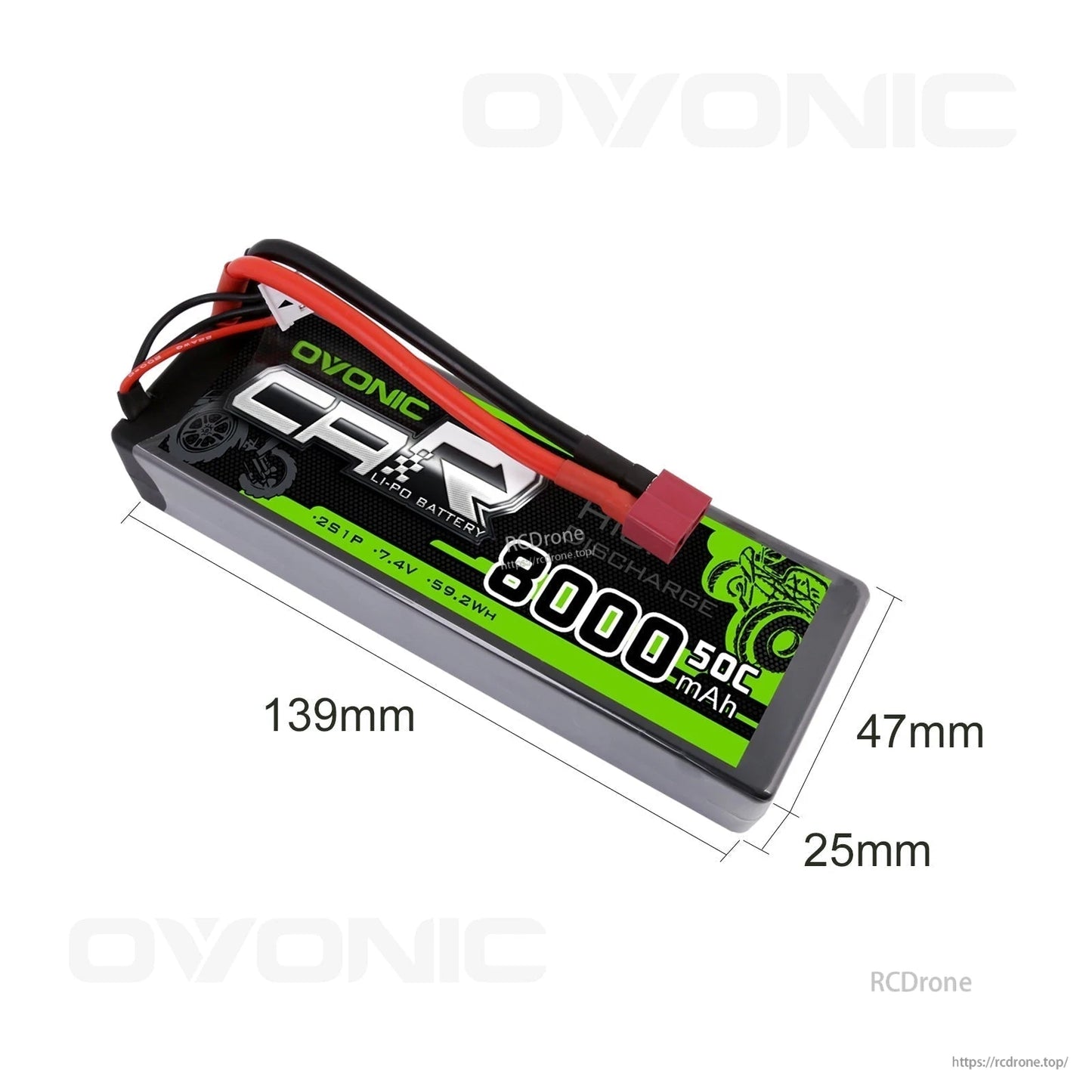OVONIC 2S 7.4V 8000mAh 50C hardcase LiPo battery with dimensions 139 x 47 x 25 mm