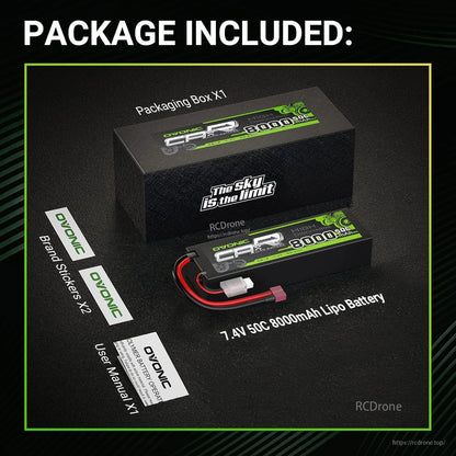 Package contents: OVONIC 7.4V 8000mAh 50C LiPo battery, packaging box, brand stickers, user manual