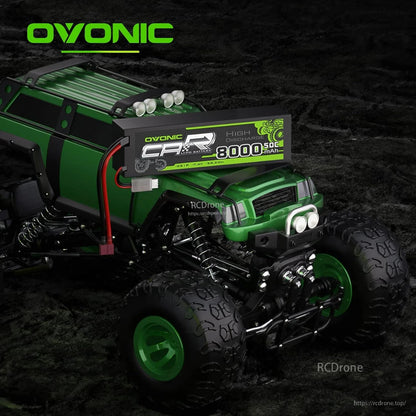 OVONIC 2S 8000mAh hardcase LiPo shown installed on green RC monster truck use-case graphic