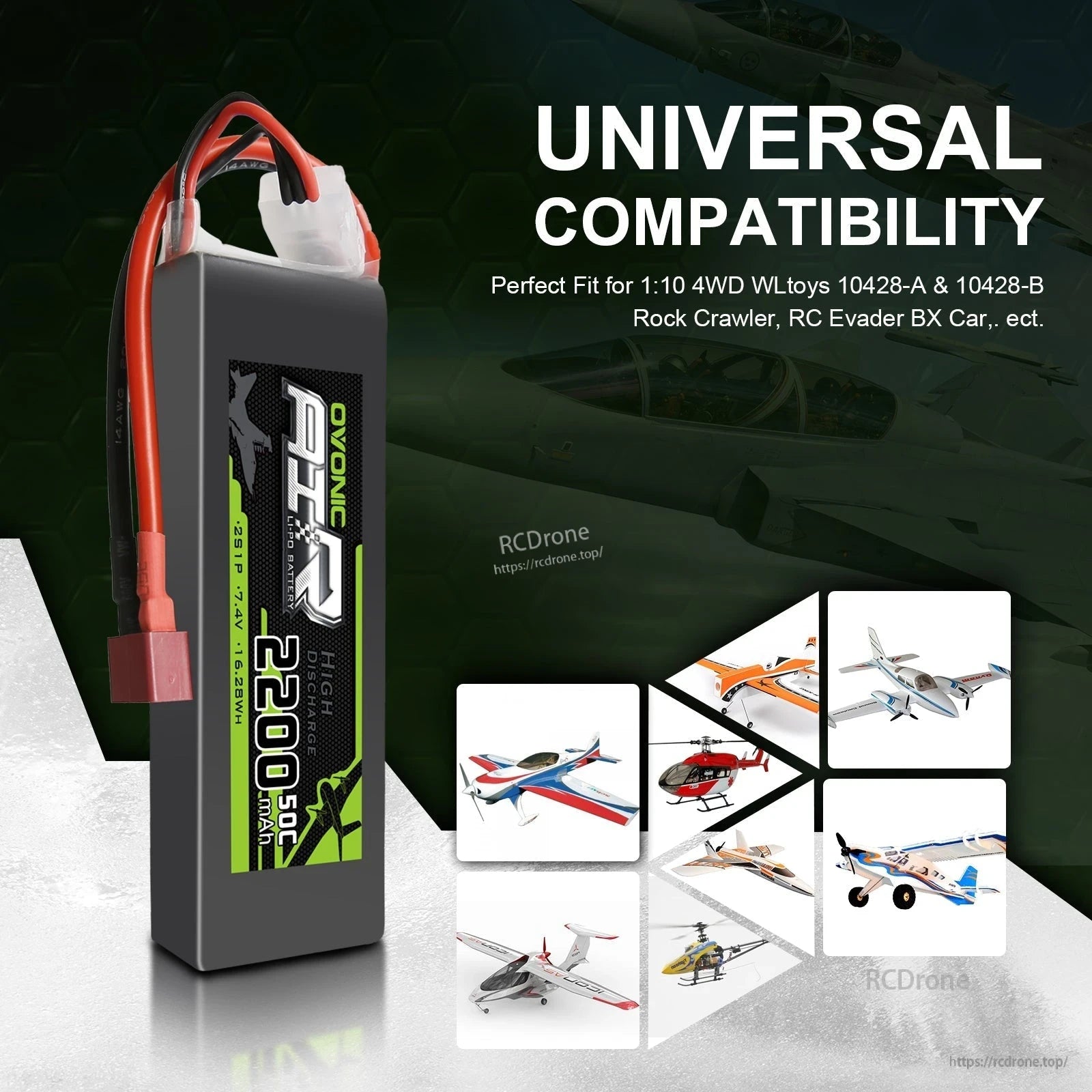 Universal compatibility graphic showing OVONIC 2S LiPo battery for RC vehicles and aircraft applications