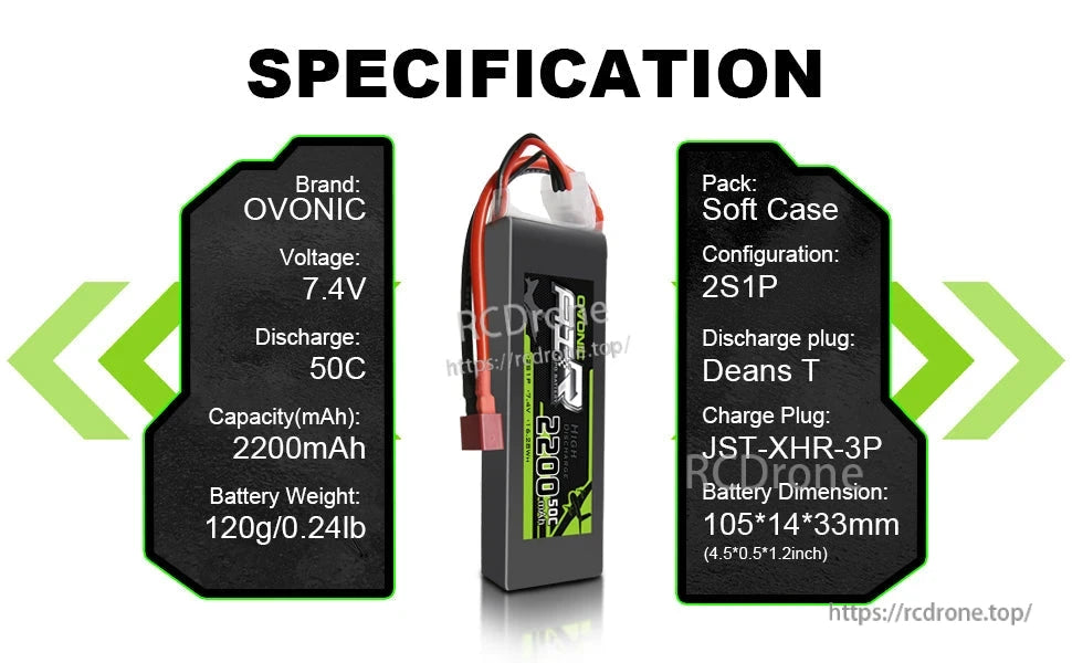 Specification chart for OVONIC 2S 7.4V 2200mAh 50C LiPo showing Deans T plug, JST-XHR-3P, and size