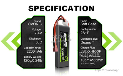 Specification chart for OVONIC 2S 7.4V 2200mAh 50C LiPo showing Deans T plug, JST-XHR-3P, and size