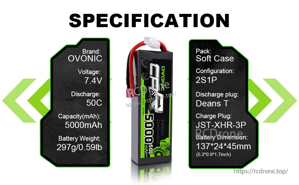 Specification graphic for OVONIC 7.4V 5000mAh 50C 2S1P LiPo with Deans T and JST-XHR-3P balance plug