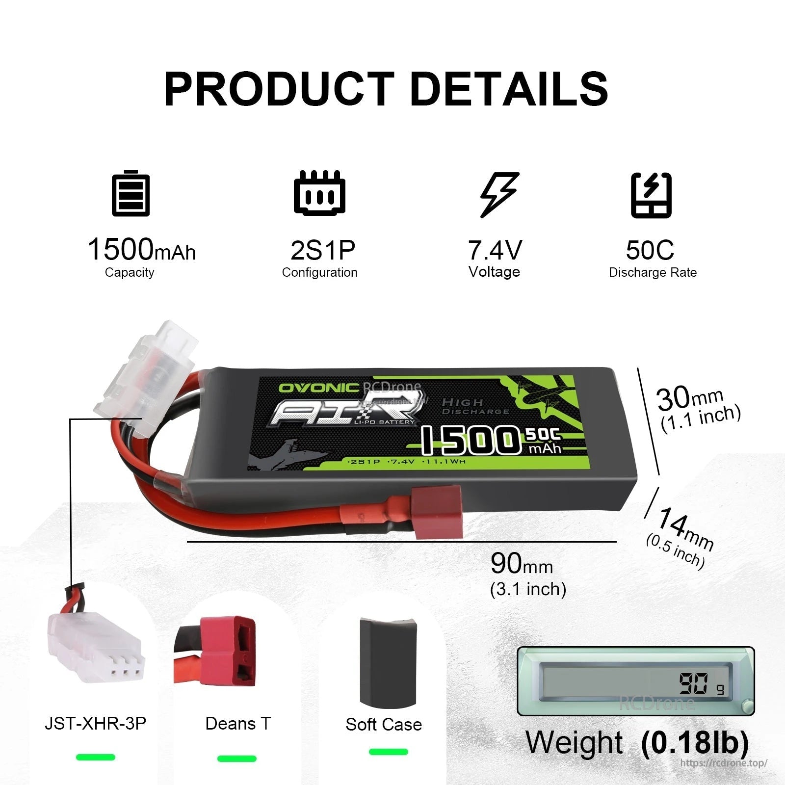 OVONIC 1500mAh 2S 7.4V 50C LiPo battery details: 90×14×30mm, 90g, Deans T and JST-XHR-3P plugs