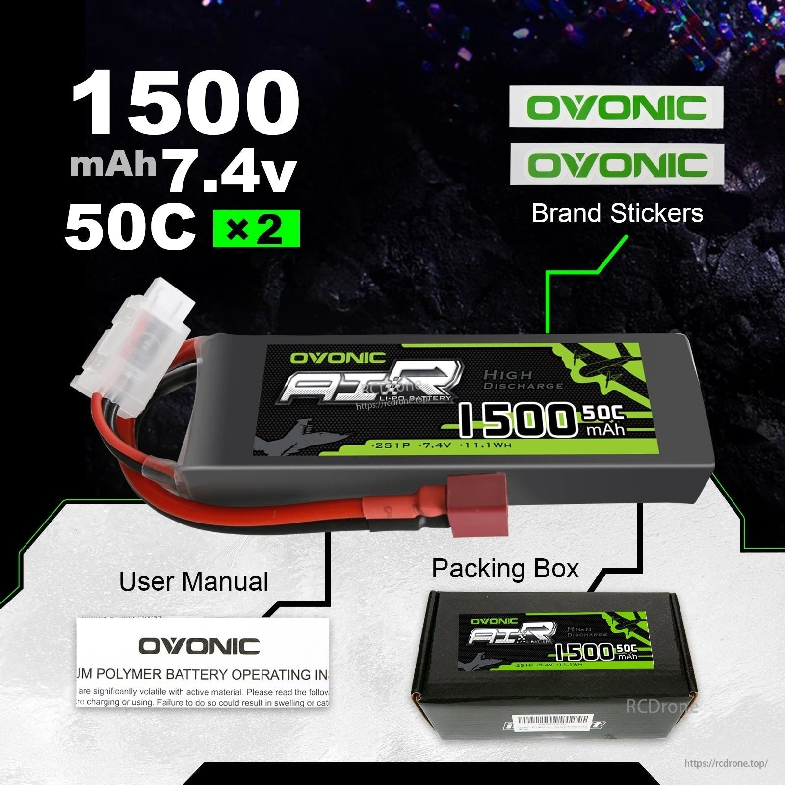 What’s included: OVONIC 1500mAh 7.4V 50C LiPo battery, user manual, packing box, and OVONIC brand stickers