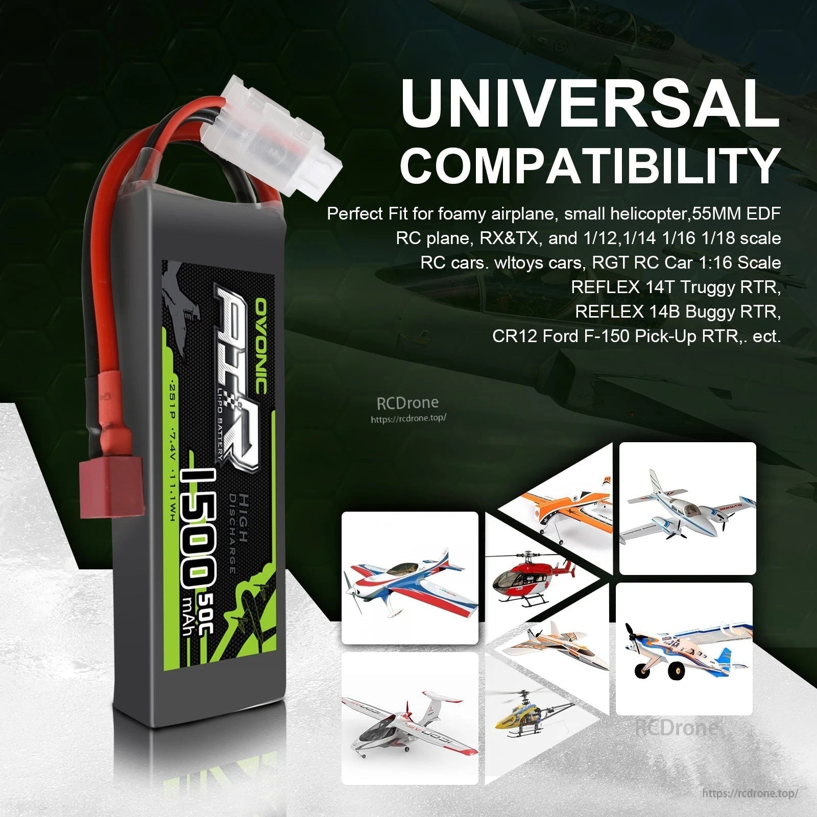 OVONIC 2S 7.4V LiPo battery compatibility graphic for foamy airplanes, small helicopters, 55mm EDF planes, and RC cars