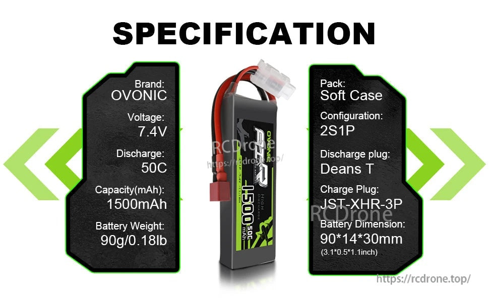 Specification graphic: OVONIC 2S1P 7.4V 1500mAh 50C soft-case LiPo with Deans T discharge and JST-XHR-3P charge plug