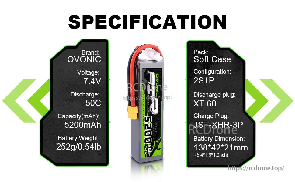 OVONIC 2S LiPo Battery Pack 5200mAh 50C 7.4V with XT60 Plug for 1/8 Scale RC Cars RC Truck RC Buggy