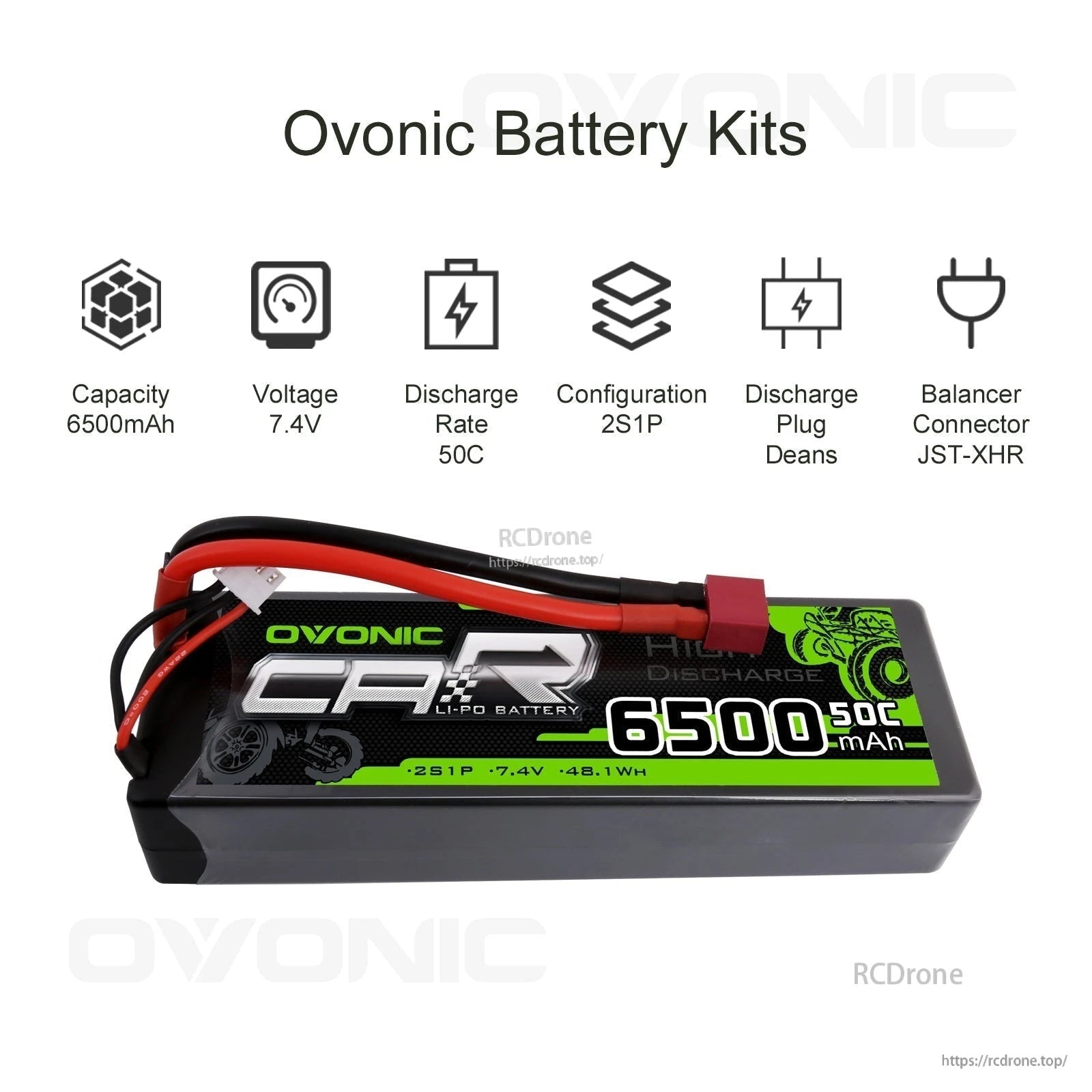 Ovonic Battery Kits graphic listing 6500mAh capacity, 7.4V 2S1P, 50C discharge, Deans plug and JST-XHR balance lead
