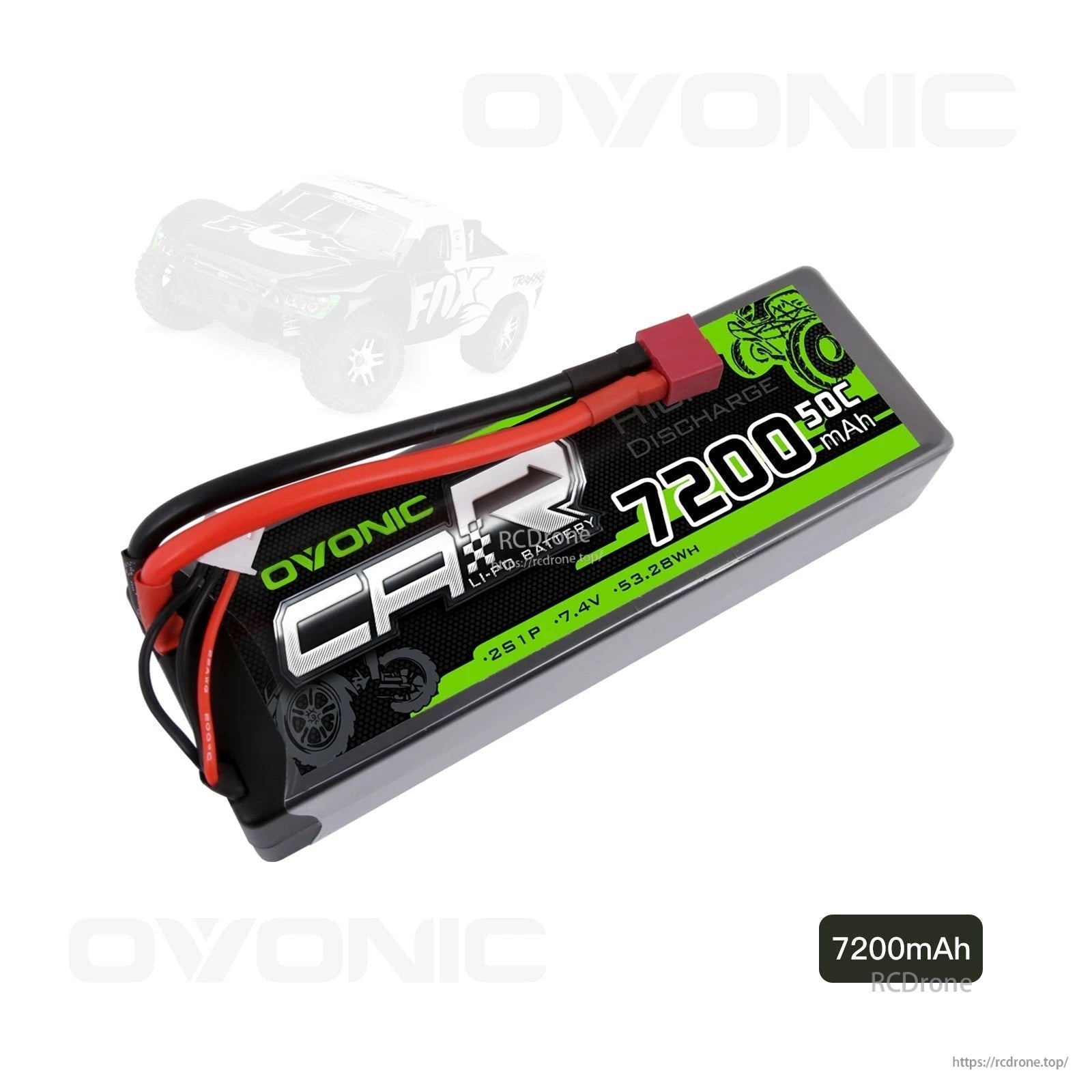 Angled view of Ovonic CAR 2S hardcase LiPo battery pack labeled 7200mAh 50C with Deans connector