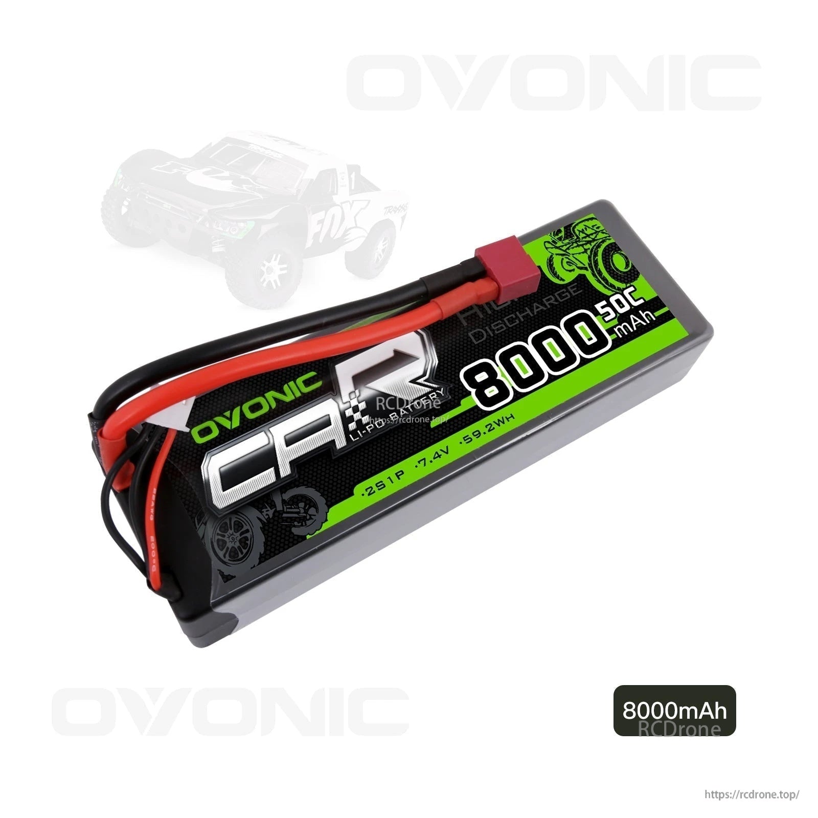 Angled view of hardcase 2S LiPo battery pack with 8000mAh label and Deans (T) connector