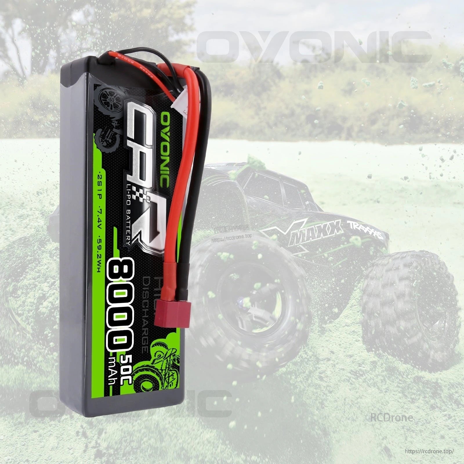 Side view of OVONIC 2S hardcase LiPo battery with 8000mAh capacity and 50C discharge rate