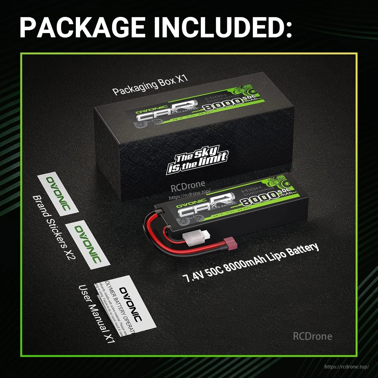 Package contents for OVONIC 2S 8000mAh 7.4V 50C hardcase LiPo battery: battery, box, stickers and manual