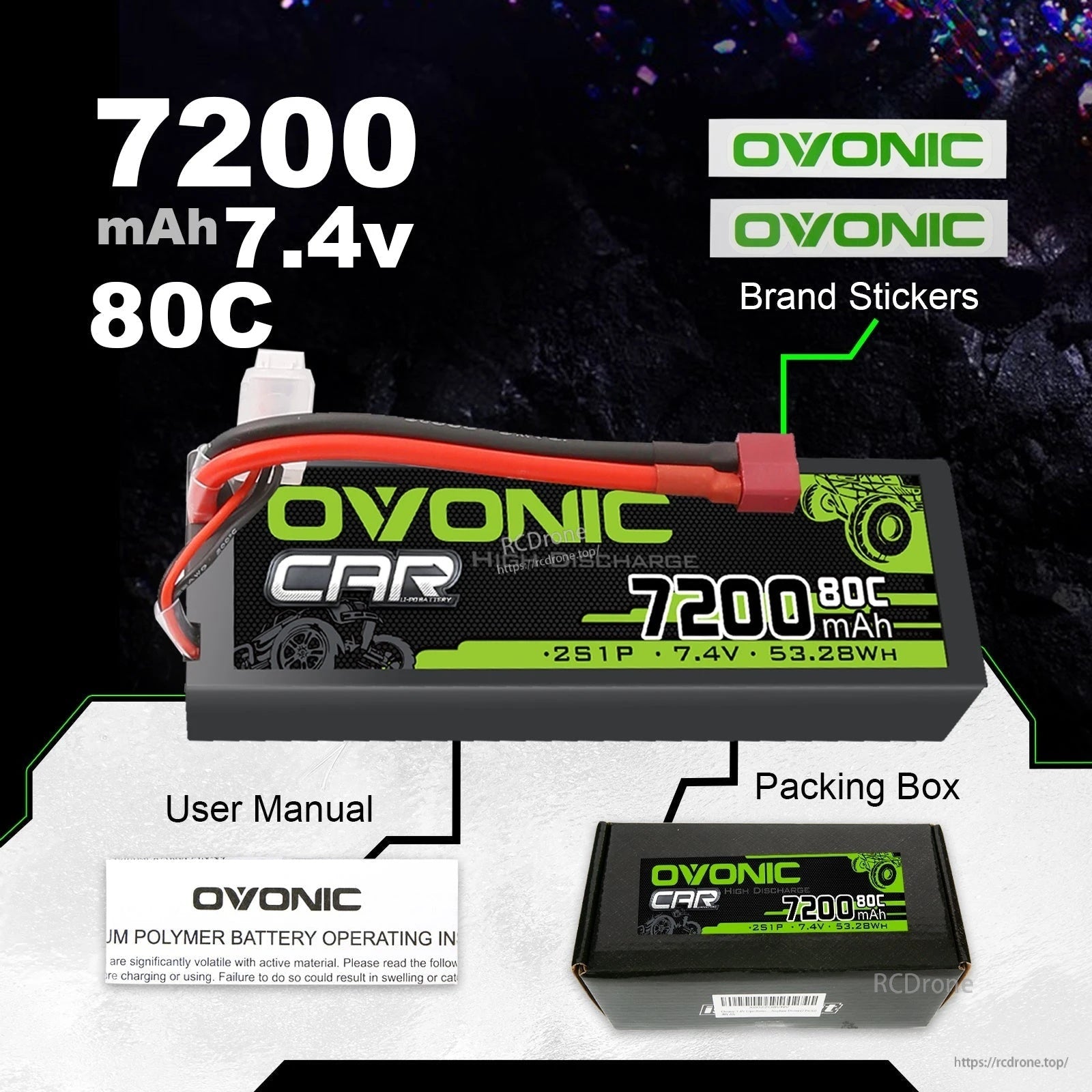 OVONIC 7.4V 7200mAh 80C 2S hardcase LiPo battery kit with packing box, user manual, and brand stickers