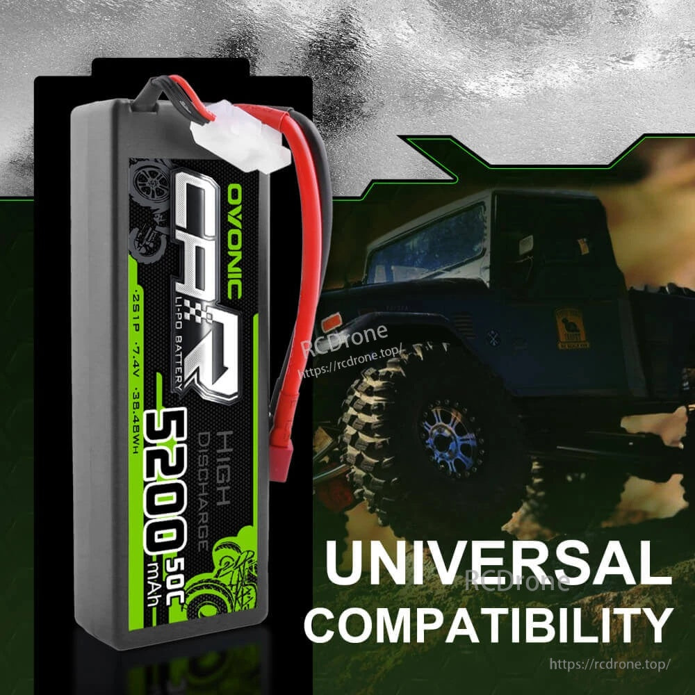 OVONIC 2S 5200mAh 50C 7.4V hardcase LiPo battery close-up with leads and Deans plug