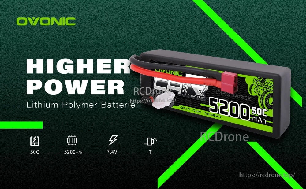 Banner image reading Higher Power with Ovonic 2S hardcase LiPo battery and 50C, 5200mAh, 7.4V icons