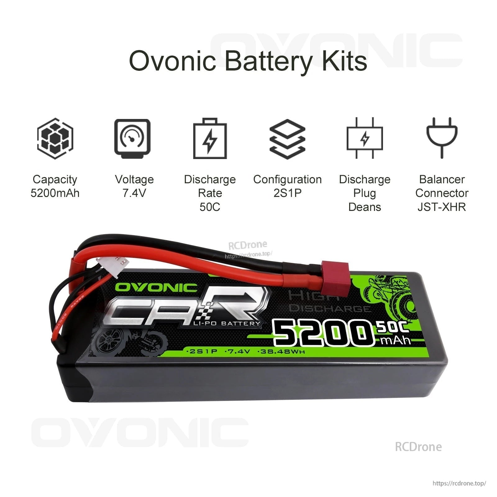 Ovonic Battery Kits spec graphic with hardcase pack and icons: 5200mAh, 7.4V, 50C, 2S1P, Deans, JST-XHR