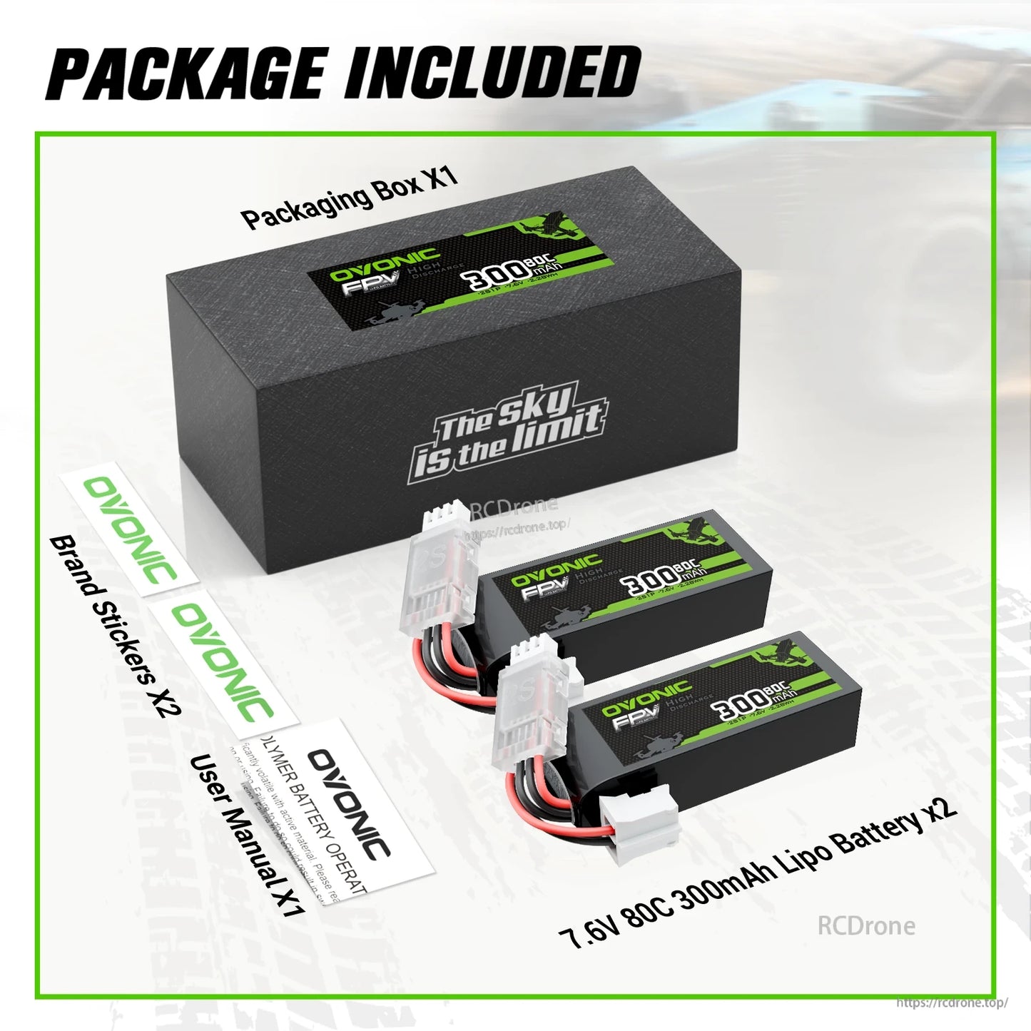 Package contents: OVONIC 7.6V 300mAh 80C LiPo batteries x2, packaging box, stickers, user manual