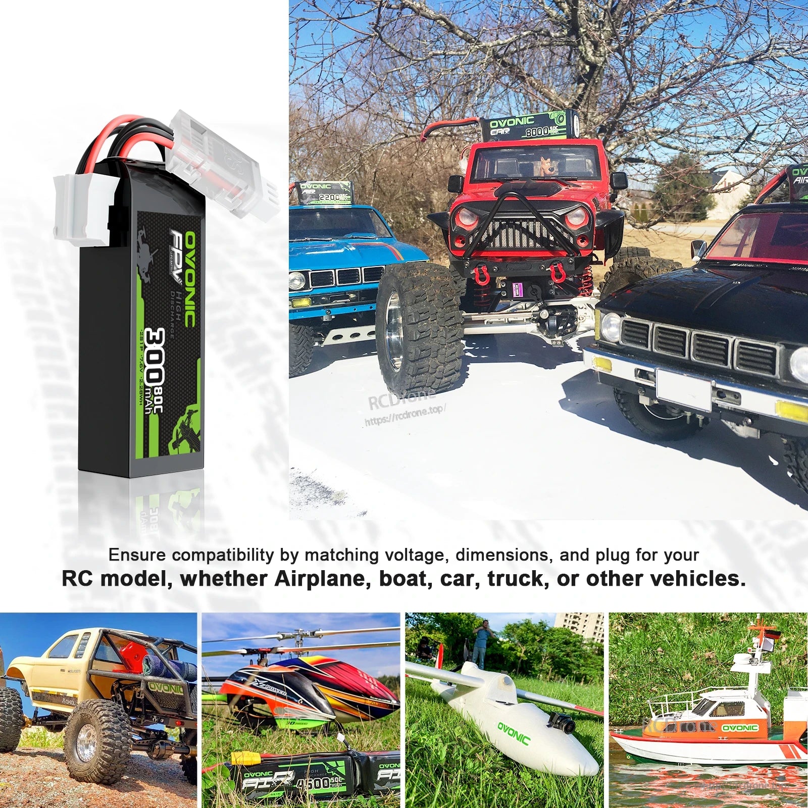 LiPo battery application examples for RC car, truck, airplane, helicopter, and boat