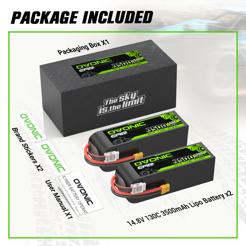 Package contents: two OVONIC 3500mAh 14.8V 130C 4S LiPo batteries, packaging box, stickers and user manual