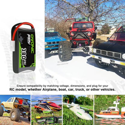 OVONIC 3.7V 380mAh 1S 25C LiPo battery application collage for RC car, truck, boat and airplane