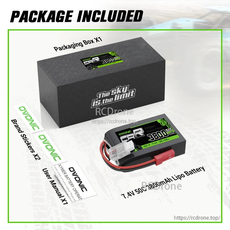 Package contents: OVONIC 7.4V 3800mAh 50C LiPo battery, product box, user manual, and brand stickers