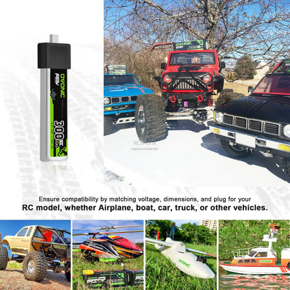 Battery application collage for RC vehicles and models, with single battery shown beside use cases