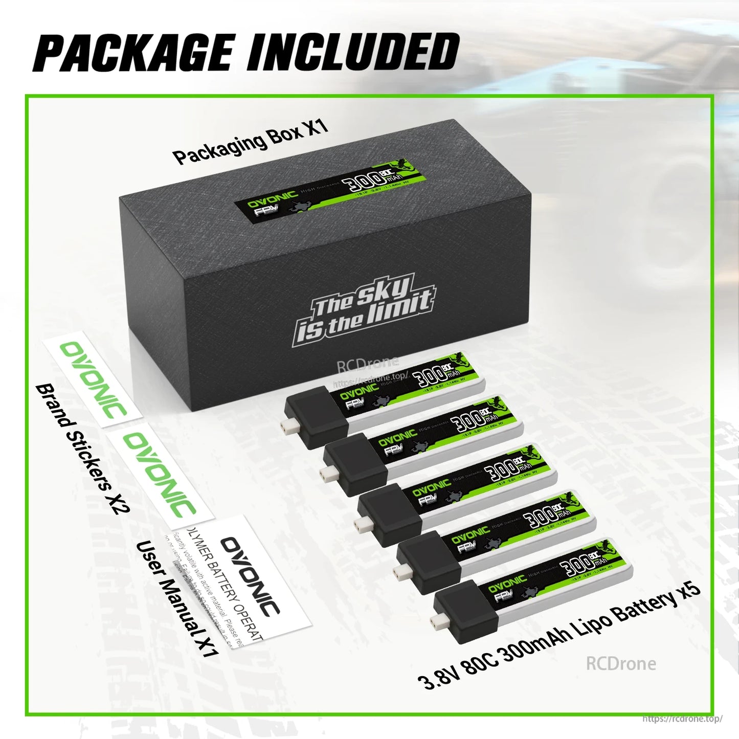 Package contents: OVONIC battery box, 5x 3.8V 300mAh LiPo batteries, stickers and user manual