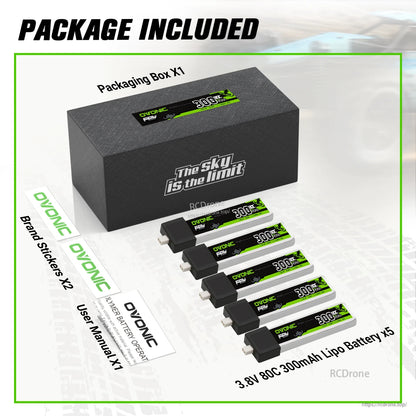 Package contents: OVONIC battery box, 5x 3.8V 300mAh LiPo batteries, stickers and user manual