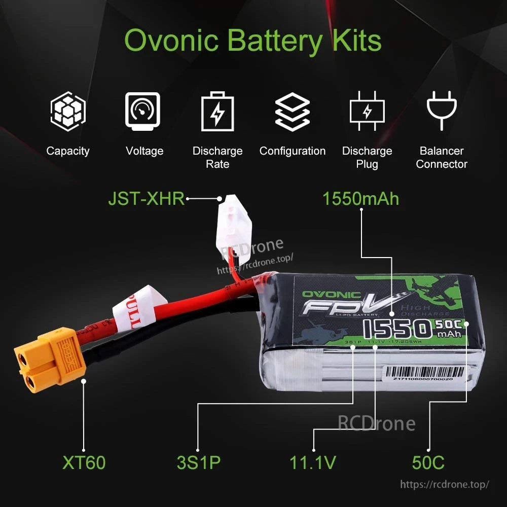 Battery kit diagram labeling 3S1P 11.1V 1550mAh 50C with XT60 plug and JST-XHR lead