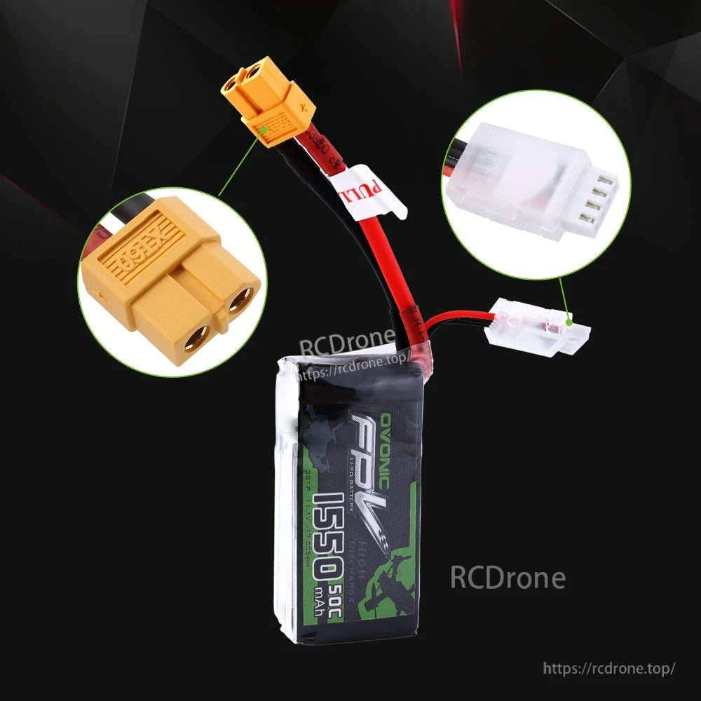 XT60 discharge connector and white balance plug close-up on 1550mAh 3S LiPo battery