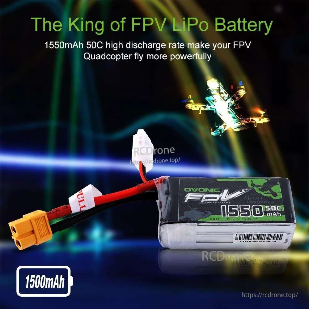 FPV drone use-case graphic with OVONIC 1550mAh 50C LiPo battery and XT60 plug shown