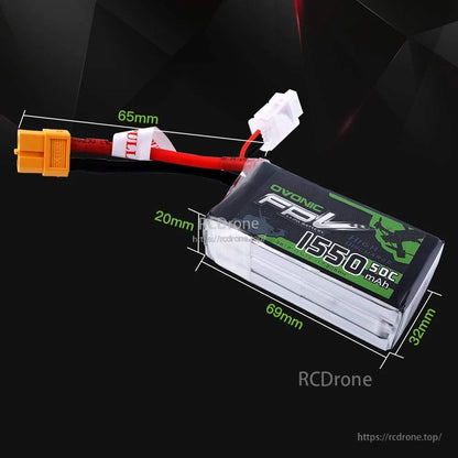 LiPo battery pack size diagram showing 69×32×20 mm case and 65 mm lead length
