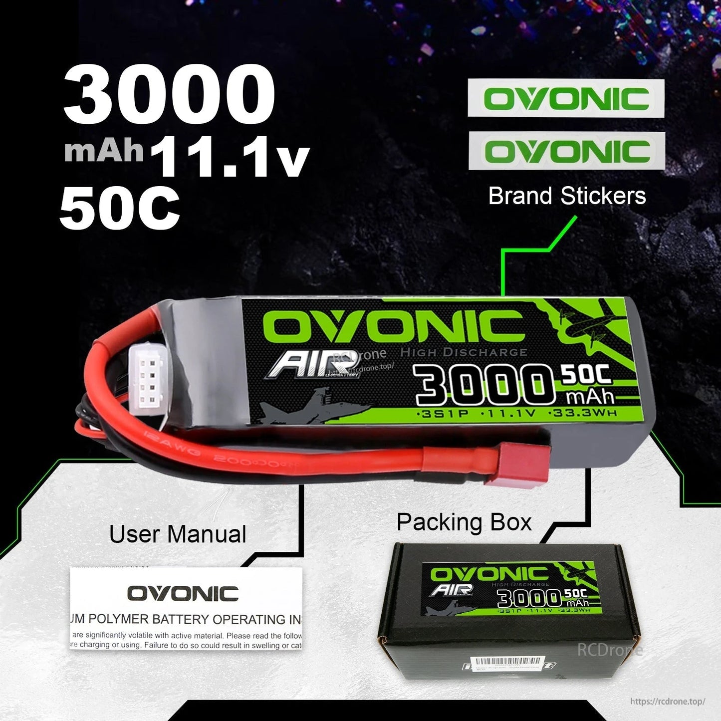 Package contents: OVONIC 3000mAh 11.1V 50C LiPo battery, brand stickers, user manual, and packing box