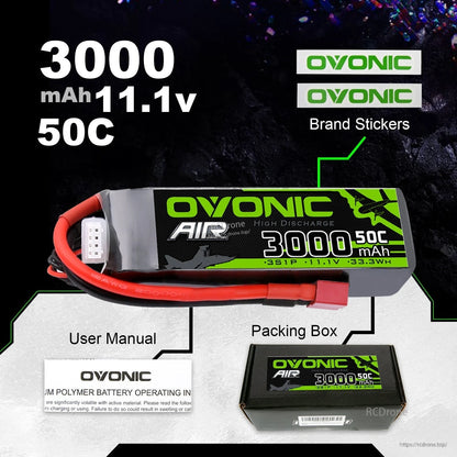 Package contents: OVONIC 3000mAh 11.1V 50C LiPo battery, brand stickers, user manual, and packing box